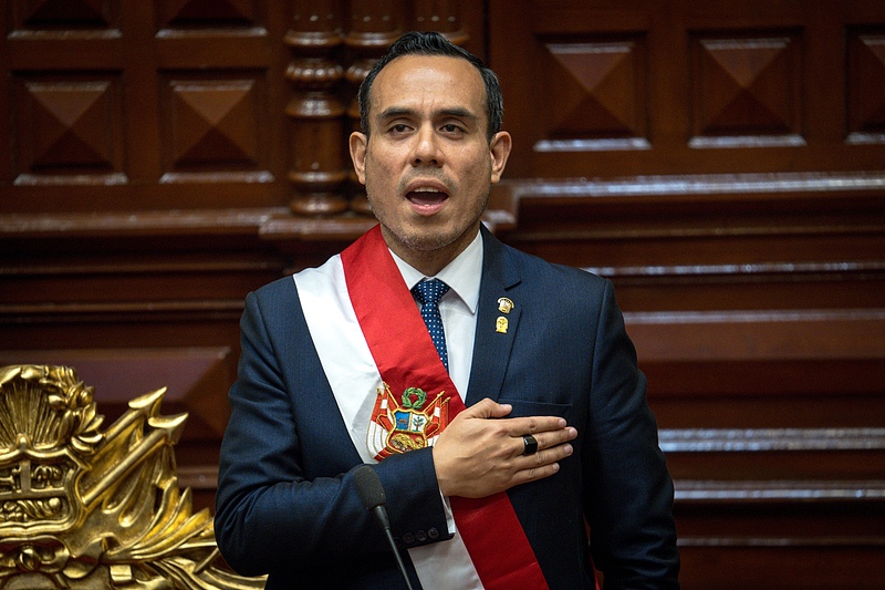 Peru's former president of the Congress Jose Jeri, sings the national anthem after being sworn-in as the country's president in Lima, Peru, October 10, 2025. /VCG