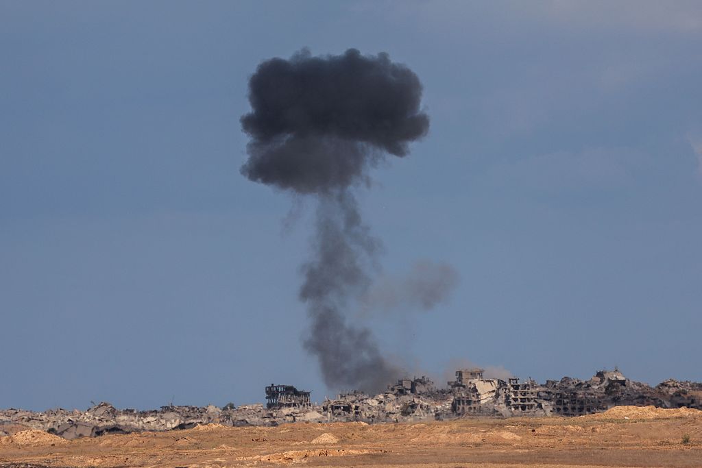 A smoke plume billows following Israeli bombardment on the Gaza Strip as pictured from across the border in southern Israel, October 10, 2025. /VCG
