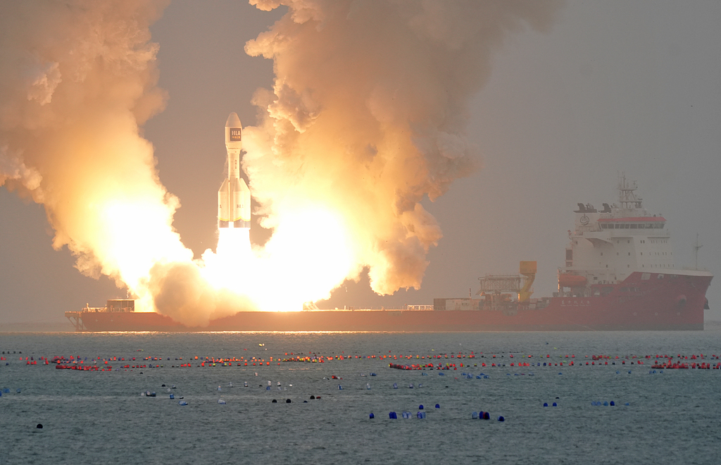China's commercial carrier rocket Gravity-1 was launched into space from waters off the coast of Haiyang, east China's Shandong Province, on October 11, 2025. /VCG
