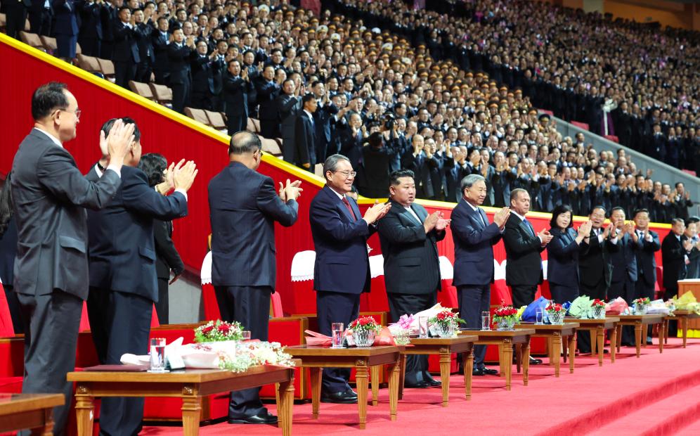 Chinese Premier Li Qiang, also a member of the Standing Committee of the Political Bureau of the Communist Party of China Central Committee, attends the celebration ceremony and watches grand mass gymnastics and artistic performances in Pyongyang, the Democratic People's Republic of Korea, October 9, 2025. /Xinhua