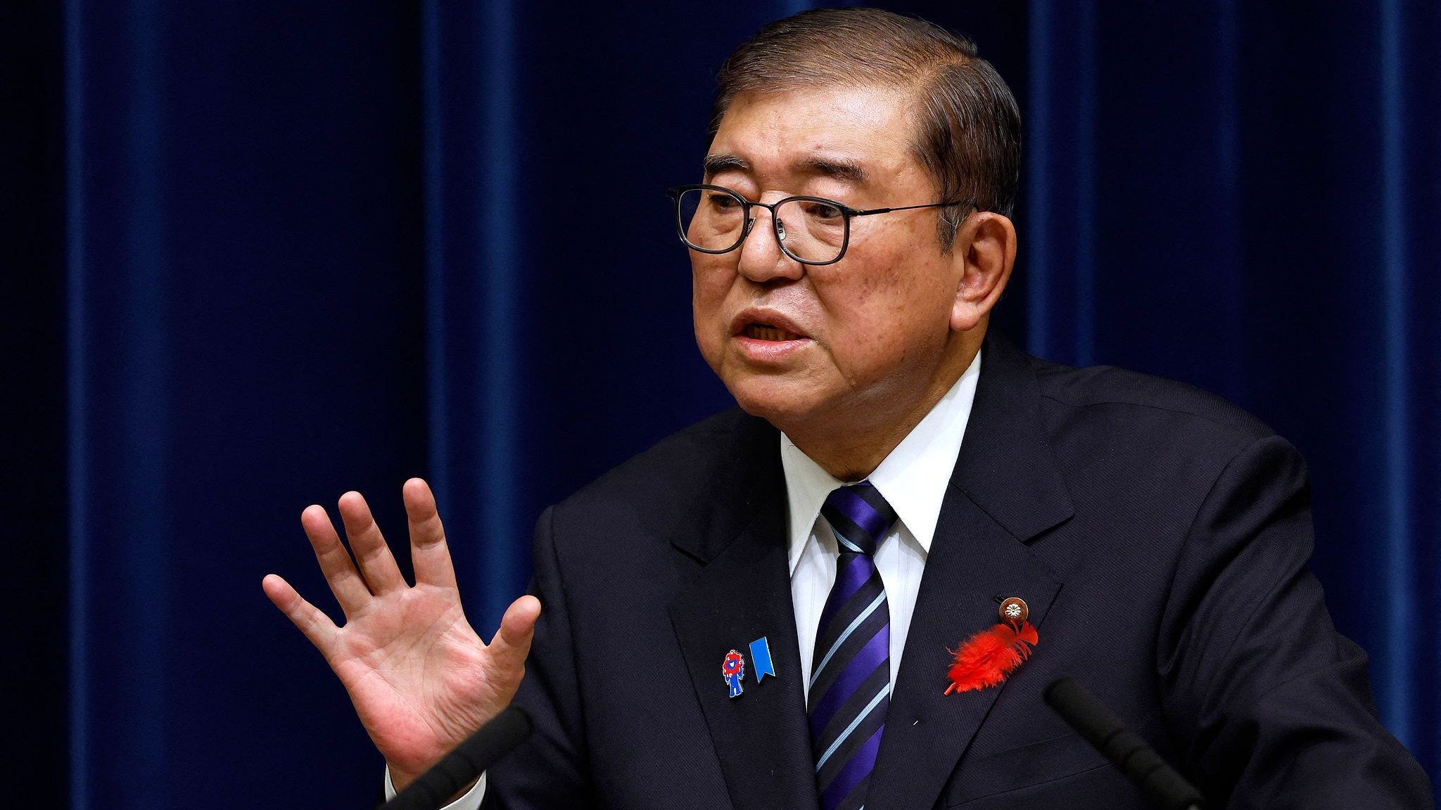 Outgoing Japanese Prime Minister Shigeru Ishiba attends a press conference at the prime minister's official residence in Tokyo, Japan, October 10, 2025. /VCG