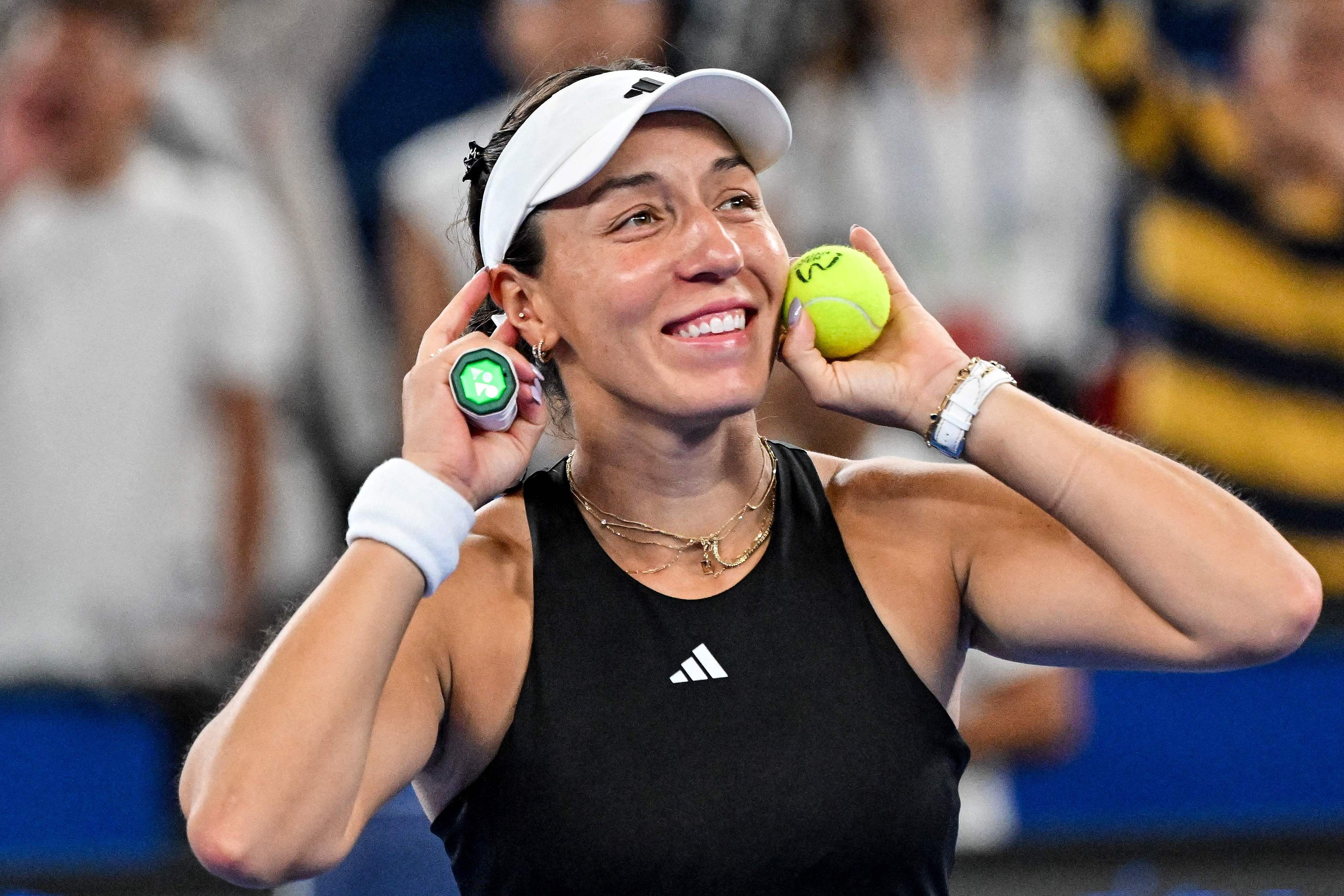 Jessica Pegula of the USA celebrates after beating Aryna Sabalenka of Belarus in a women's singles semifinal match at the Wuhan Open in Wuhan, China, October 11, 2025. /VCG