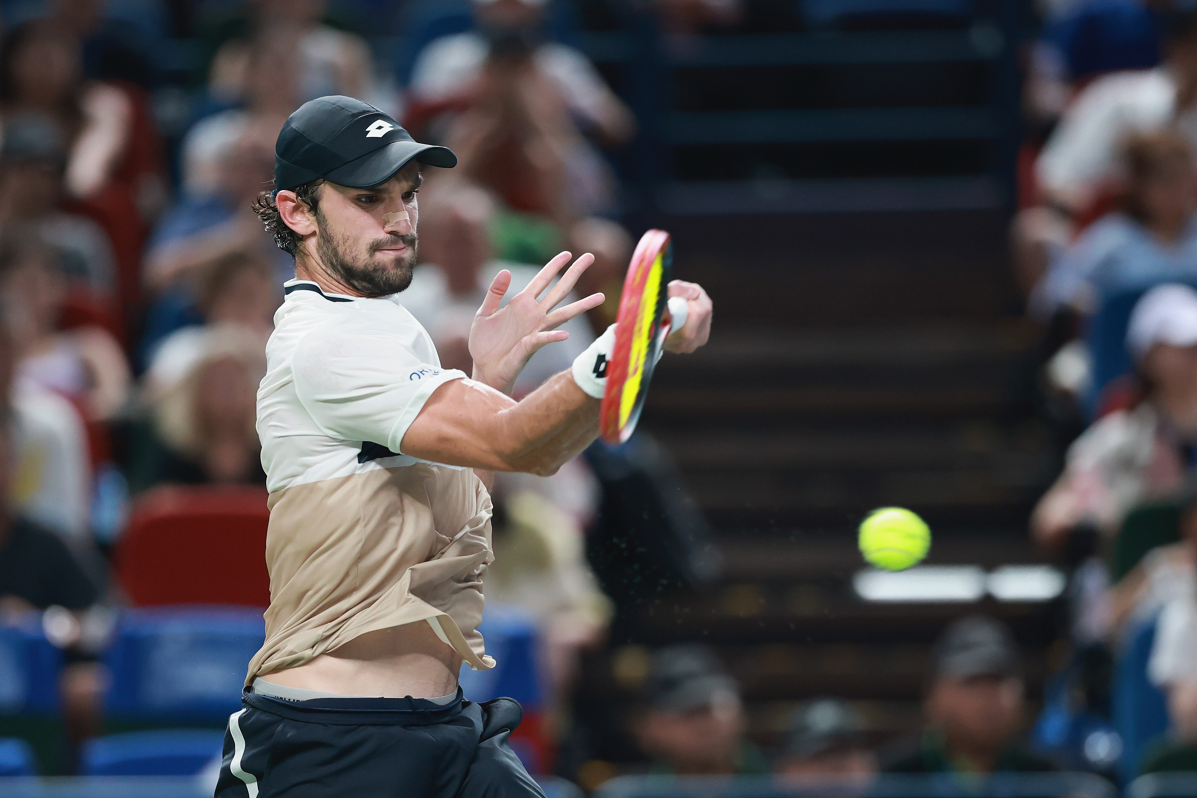 Monaco's Valentin Vacherot hits a shot against Serbia's Novak Djokovic in a men's singles semifinal match at the Shanghai Masters in Shanghai, China, October 11, 2025. /VCG