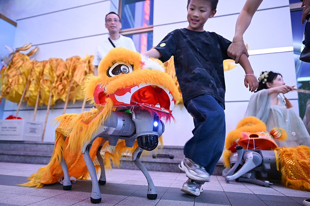 Robot dogs perform lion dances to the delight of children in Hangzhou, Zhejiang Province on June 13, 2025. /VCG