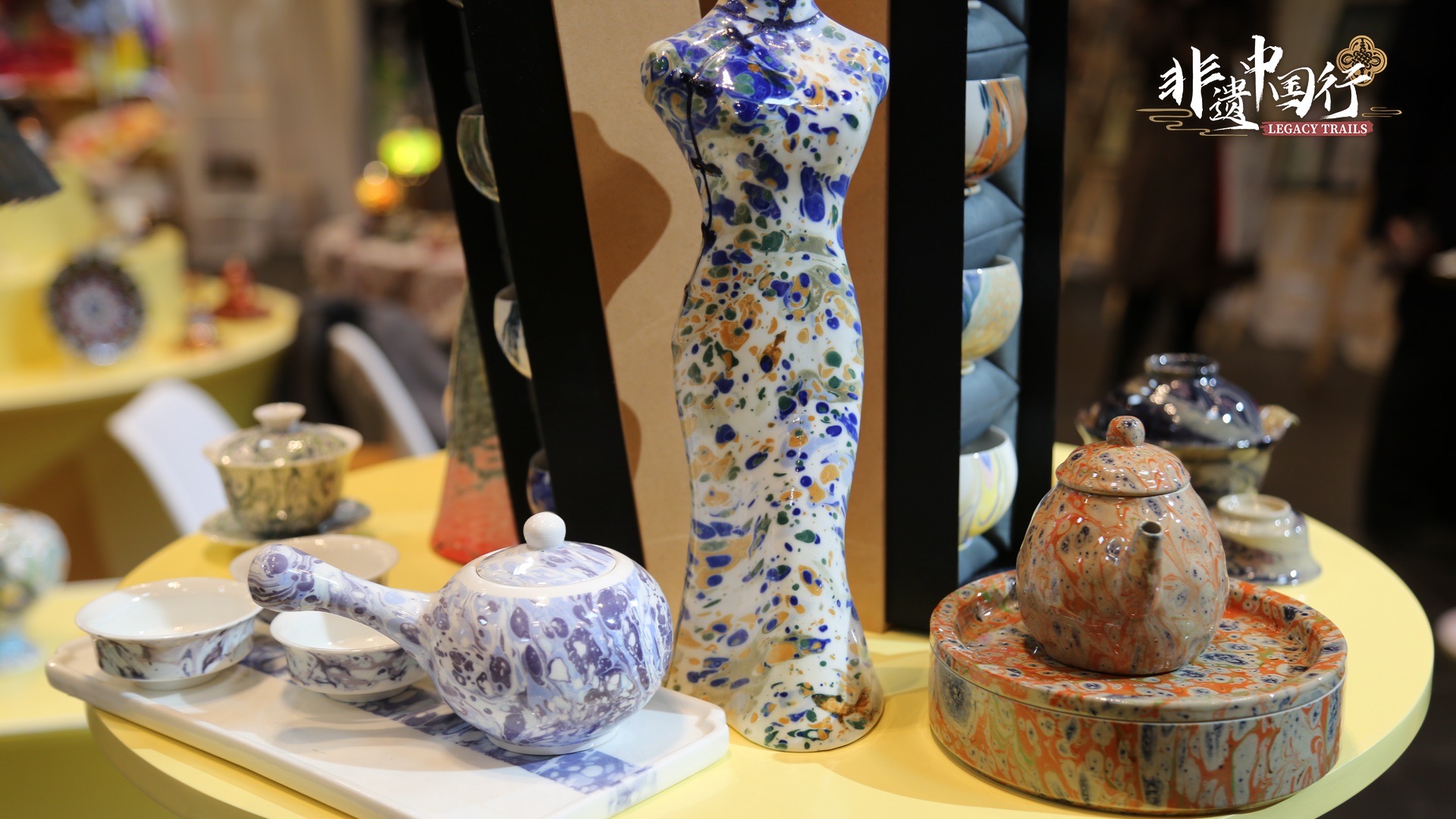 Exhibits of Ebru marbling art on porcelain from Türkiye at the International Intangible Cultural Heritage Exhibition at the Beijing Grand Canal Museum, Beijing, China, October 17, 2025.
