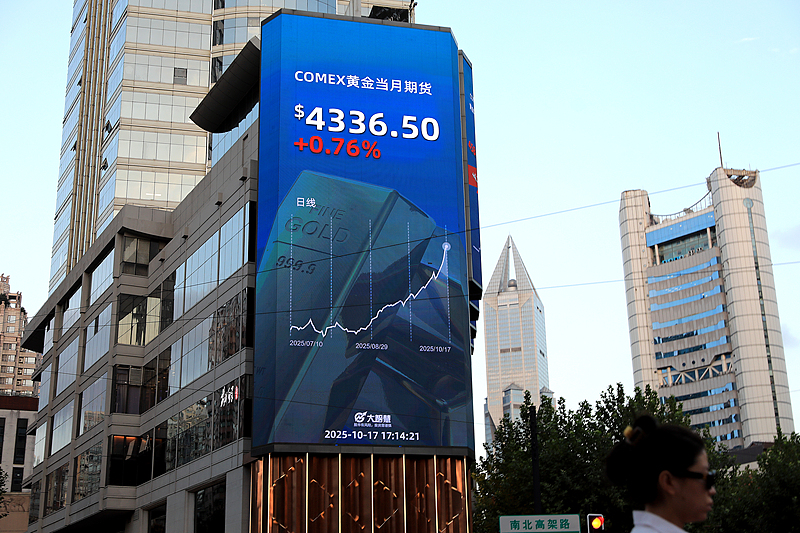 A large screen displayed the current month's gold futures at the New York Mercantile Exchange (COMEX) priced at $4,336.50 per ounce, October 17, 2025, Shanghai. /VCG