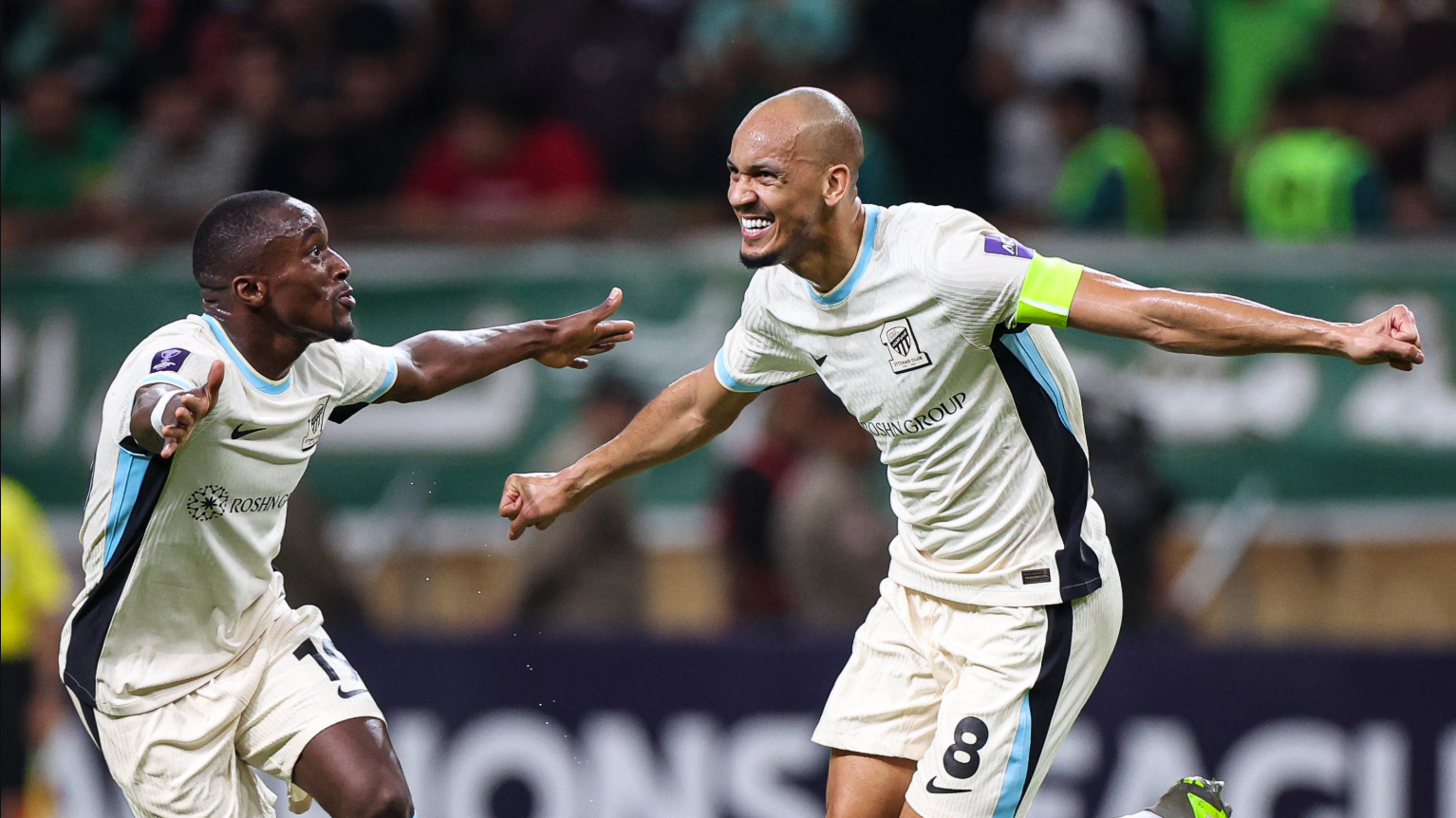Al Ittihad players celebrate after scoring a goal against Al Shorta in an Asian Football Confederation (AFC) Champions League Elite match at Al-Shaab Stadium in Baghdad, Iraq, October 20, 2025. /Al Ittihad