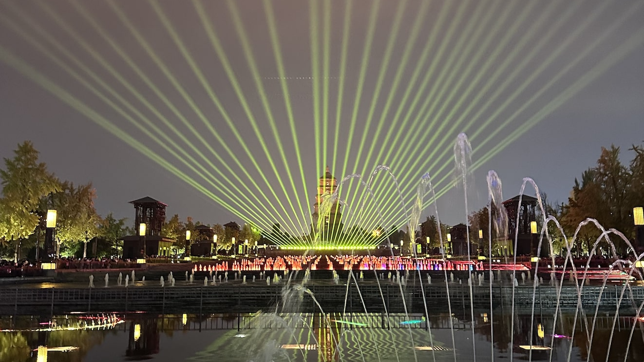 A glimpse of the Wild Goose Pagoda fountain light show in Xi'an, October 14, 2025. /Ankit Prasad