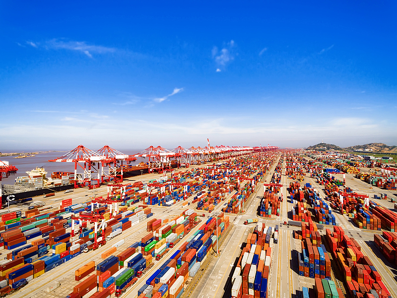 The view of the container line in the Shanghai Port, Shanghai, China. /VCG
