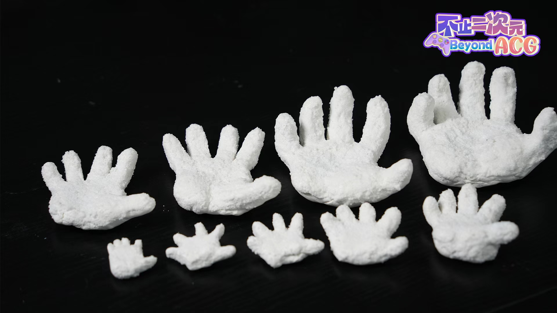 Clay hand models of various sizes, meticulously crafted for the stop-motion sequences in the animation 