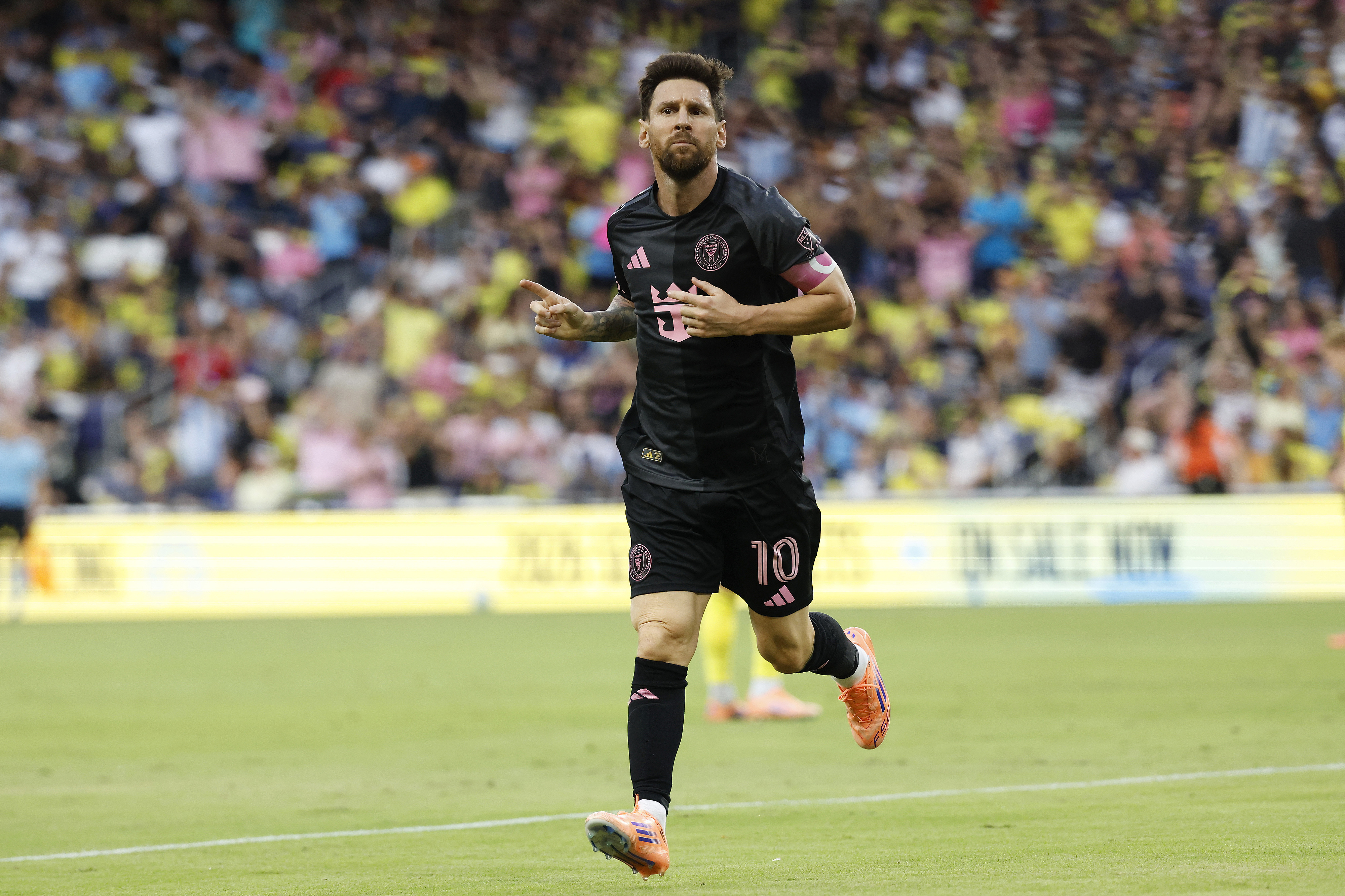Lionel Messi of Inter Miami celebrates after a goal scored during the first half of the match against Nashville SC in Nashville, Tennessee, October 18, 2025. /VCG