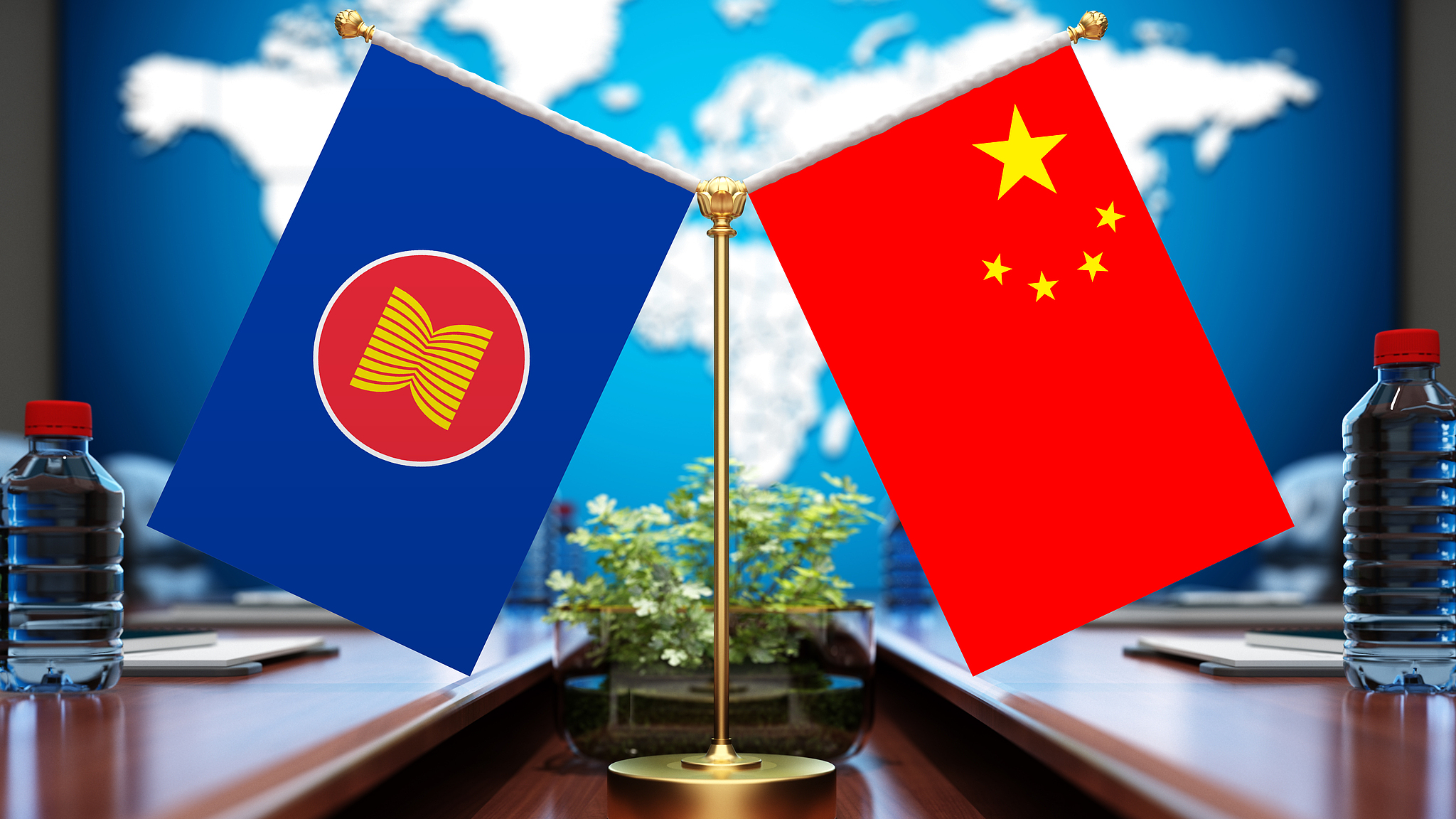 The flags of the Association of Southeast Asian Nations and China. /CFP