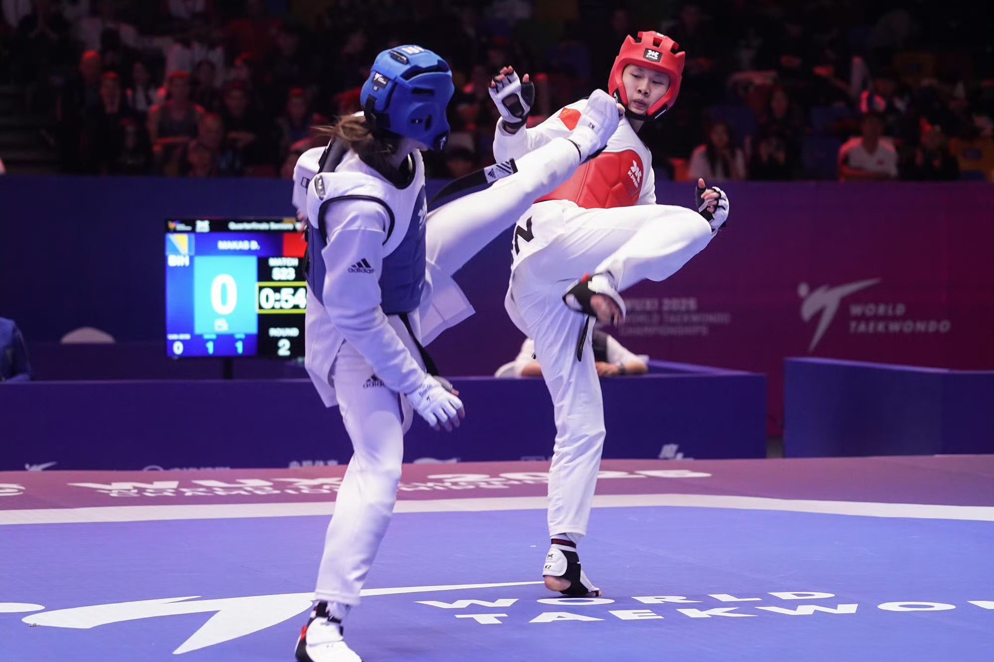 China's Wang Shiyi faced Individual Neutral Athlete Milana Bekulova in the women's 46 kilograms category at the 2025 World Taekwondo Championships in Wuxi, China, October 27, 2025. /Weibo