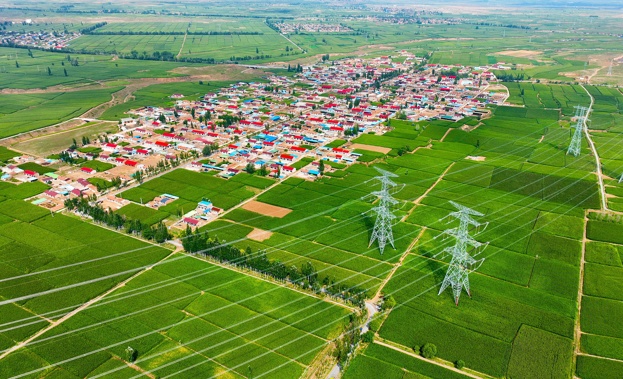 A file photo shows a village surrounded by green fields in Wuzhong, Ningxia Hui Autonomous Region. /VCG