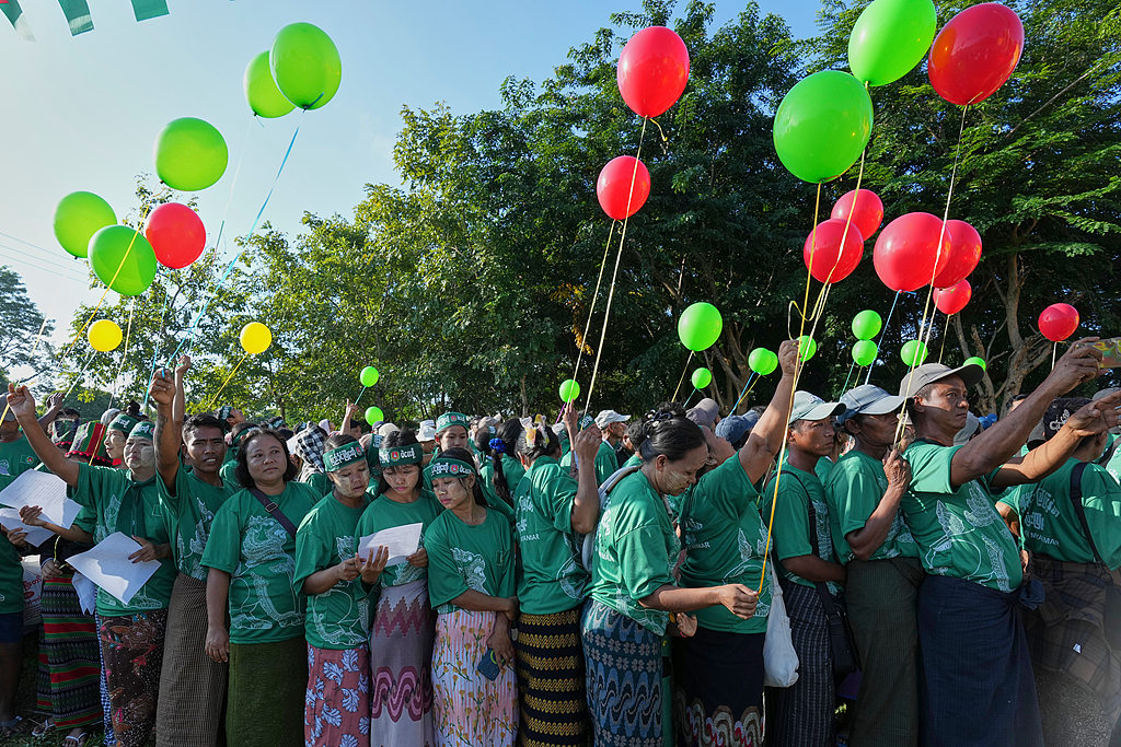 Supporters of the Union Solidarity and Development Party at the opening ceremony of the party's poster on the first day of campaigning in the upcoming general election, in Naypyitaw, Myanmar, October 28, 2025. /CFP