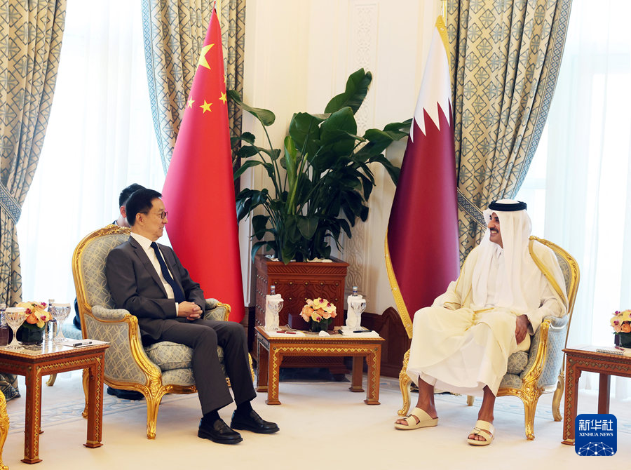 Chinese Vice President Han Zheng meets Qatari Emir Sheikh Tamim bin Hamad Al-Thani in Doha, Qatar, November 3, 2025. /VCG