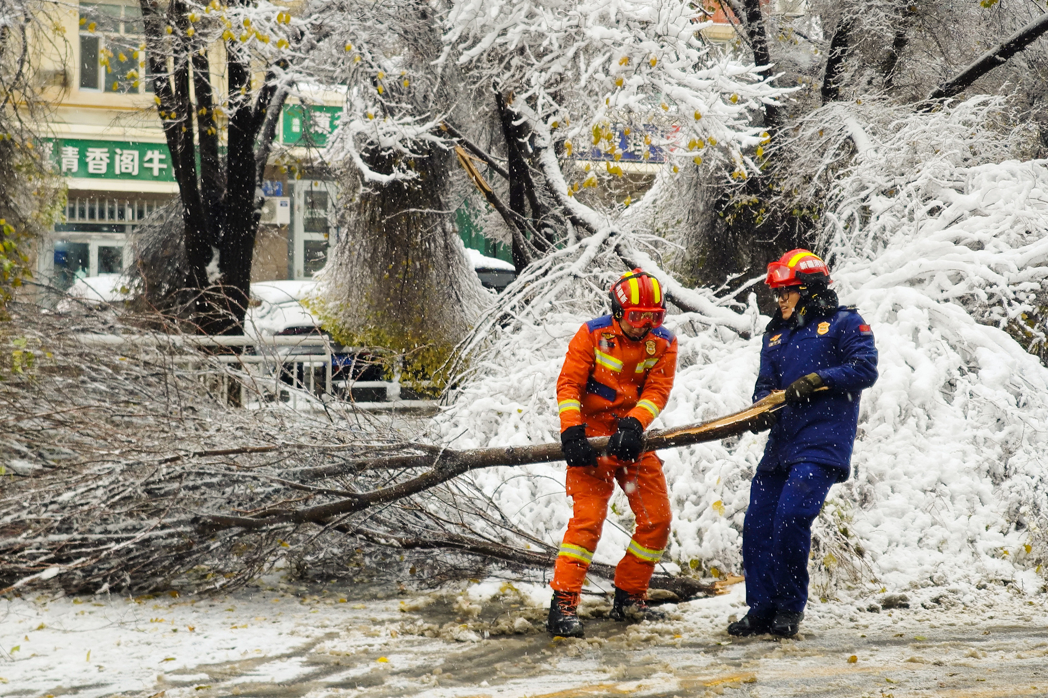 Firefighters clear tree branches broken by the weight of snow, Urumqi, northwest China's Xinjiang Uygur Autonomous Region, November 6, 2025. /VCG