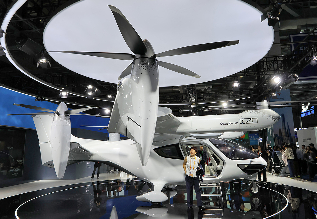 A Chinese-made passenger eVTOL is displayed at the 8th China International Import Expo (CIIE) in Shanghai, on November 5, 2025. /VCG