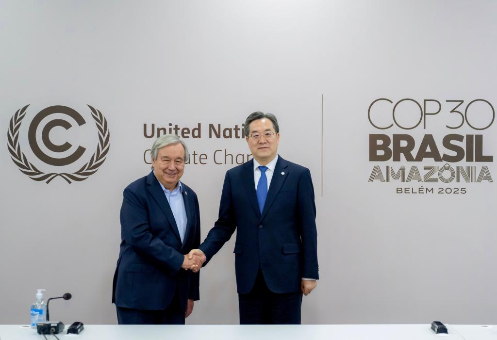 Chinese Vice Premier Ding Xuexiang (R), as Chinese President Xi Jinping's special representative, meets with UN Secretary-General Antonio Guterres on the sidelines of the Belem Climate Summit ahead of the 30th Conference of the Parties of the United Nations Framework Convention on Climate Change in Belem, Brazil, November 6, 2025. /Xinhua