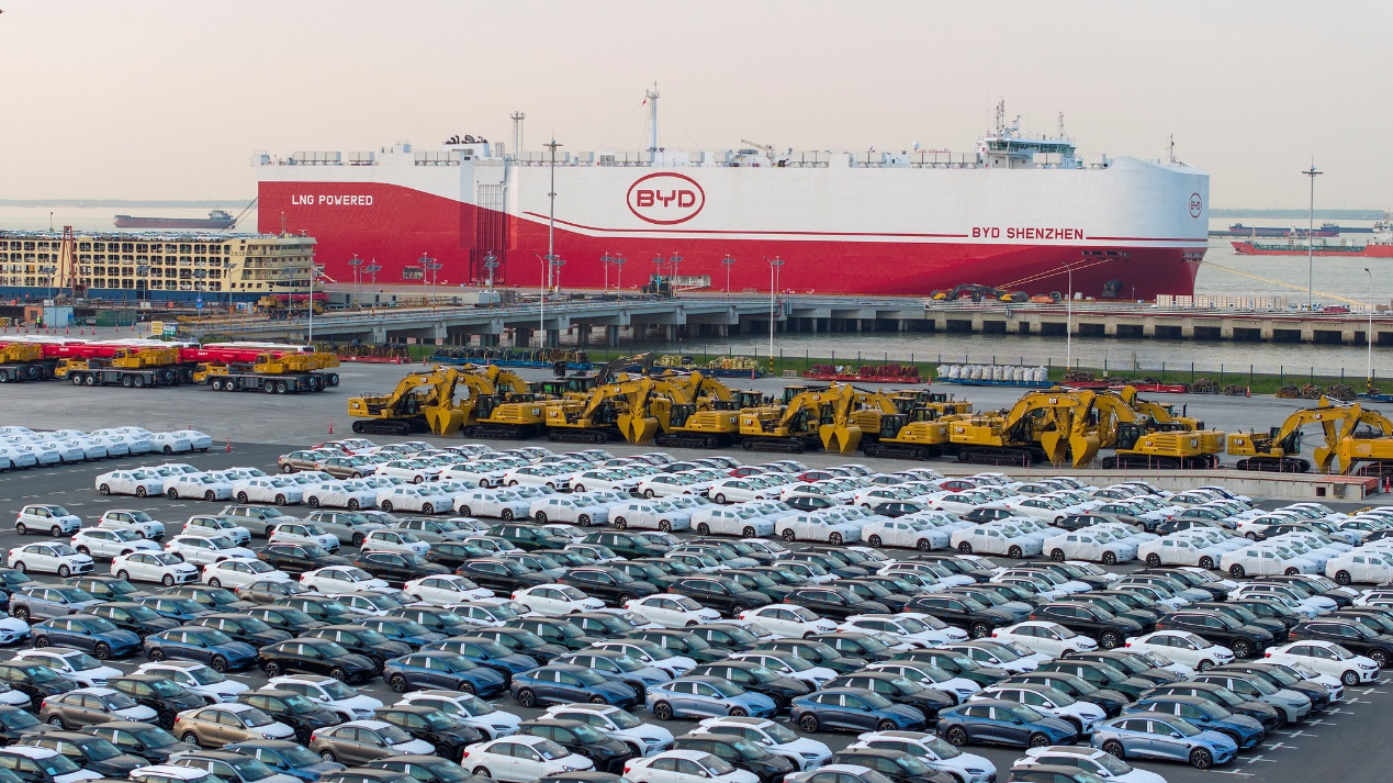 Thousands of BYD new energy vehicles are being loaded onto a transport ship, soon to be shipped to Brazil, at Taicang Port, Jiangsu Province, east China, April 27, 2025. /CFP