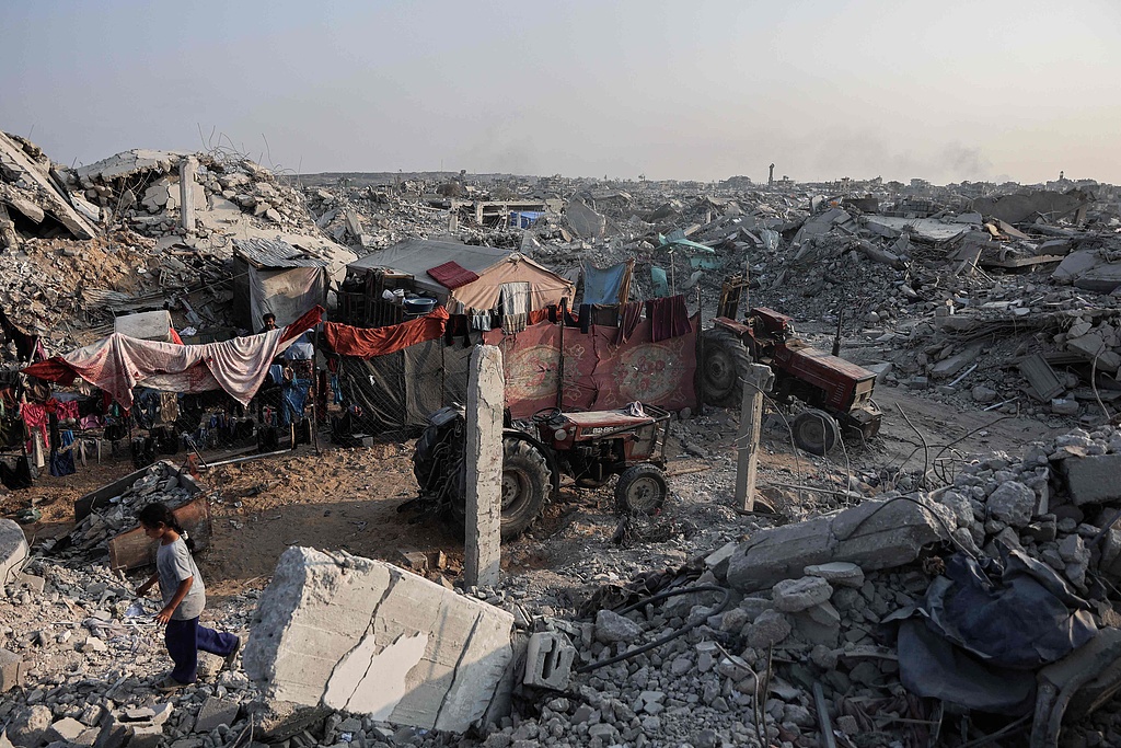A makeshift house built amid the rubble is seen in Jabalia, in the northern Gaza Strip, November 7, 2025. /VCG