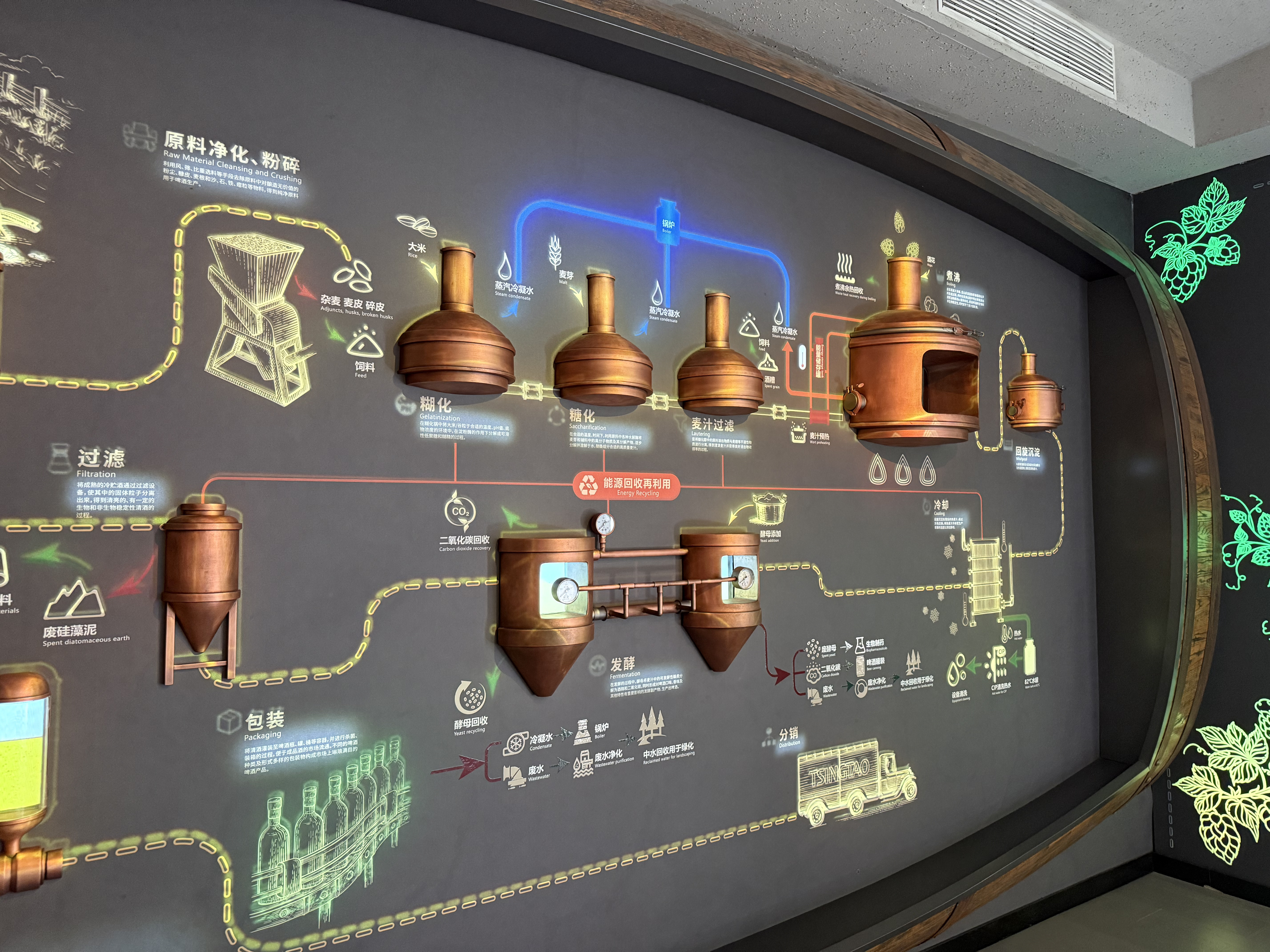 Exhibits in the Tsingtao Beer Museum let you trace the journey of malt, hops, yeast and water from raw material to final drink, Qingdao, September 2025, Zaruhi Poghosyan. /CGTN