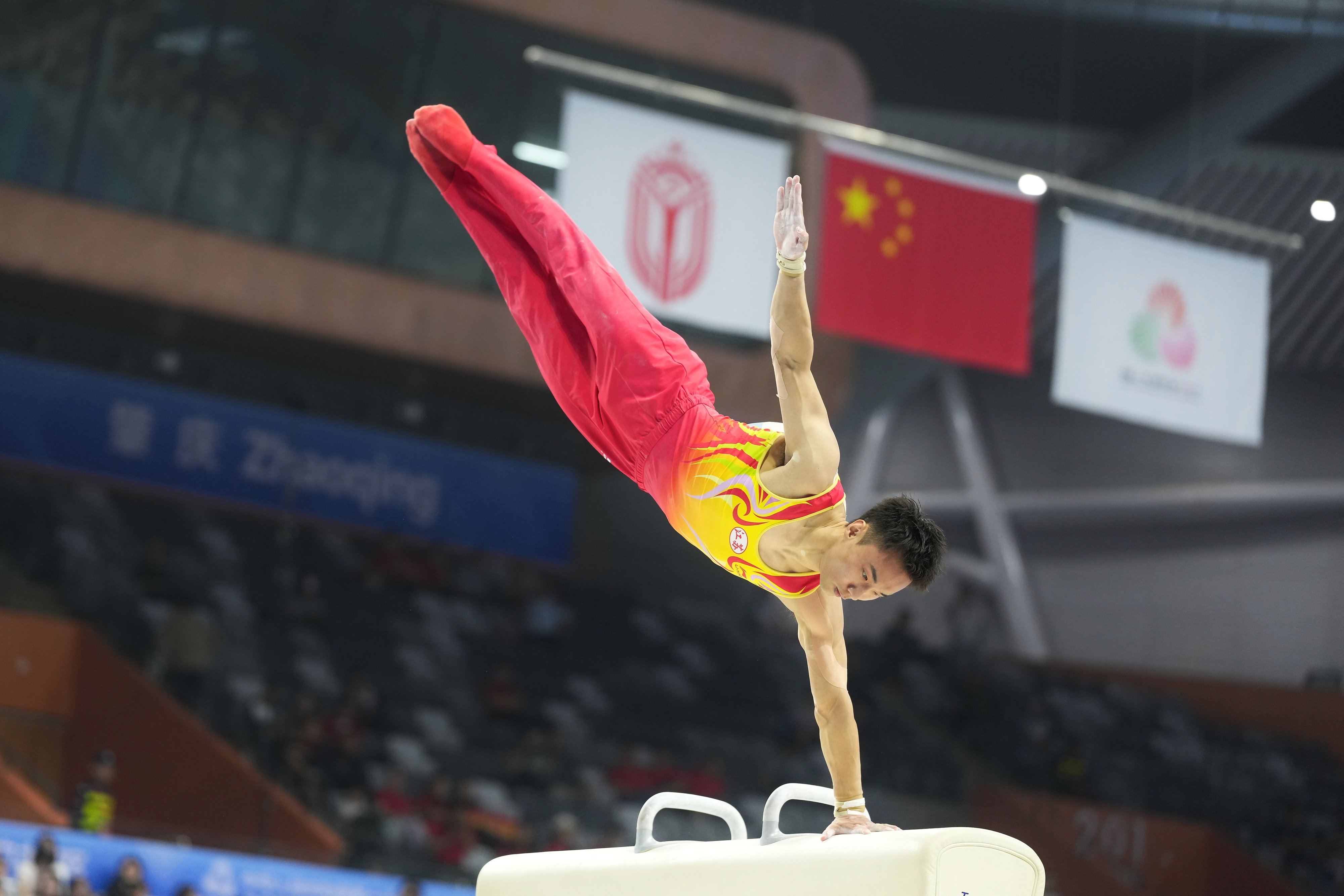 Jiangsu's Sun Wei competes on the pommel horse during the men's gymnastics team final at China's 15th National Games in Zhaoqing, November 12, 2025. /VCG