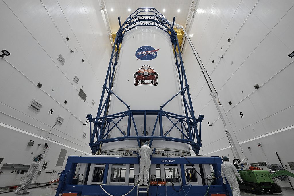 NASA's EscaPADE secured in Blue Origin's New Glenn rocket's 7-meter fairing, Cape Canaveral, Florida, October 31, 2025. /VCG