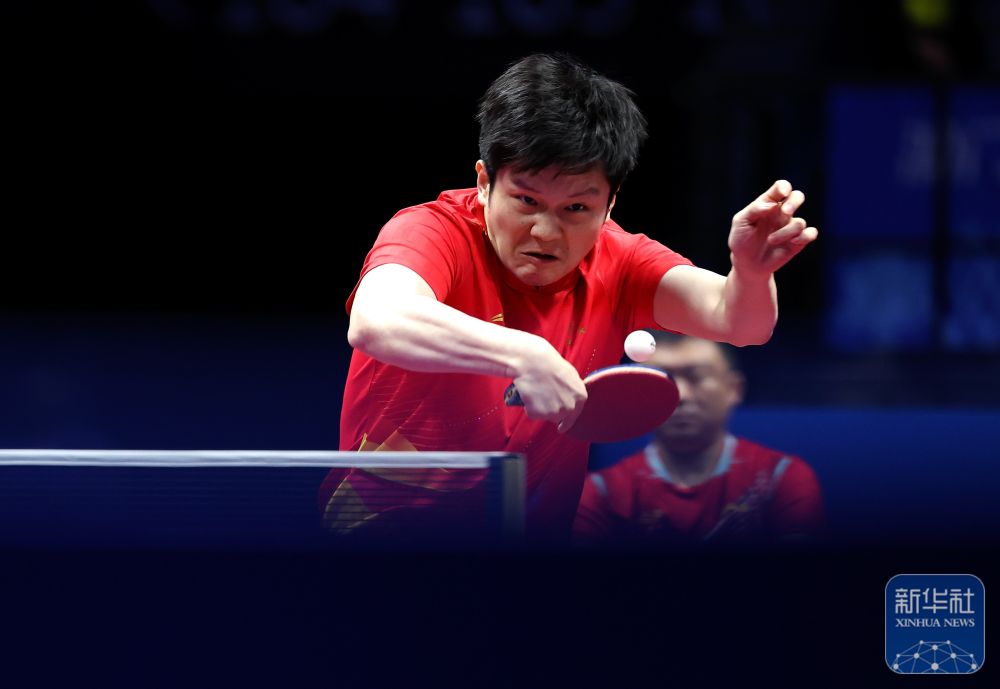 Gold medalist Fan Zhendong of Shanghai hits a shot against silver medalist Lin Shidong of Hainan in the men's singles table tennis final at China's 15th National Games in the Macao SAR (Special Administrative Region), November 16, 2025. /Xinhua