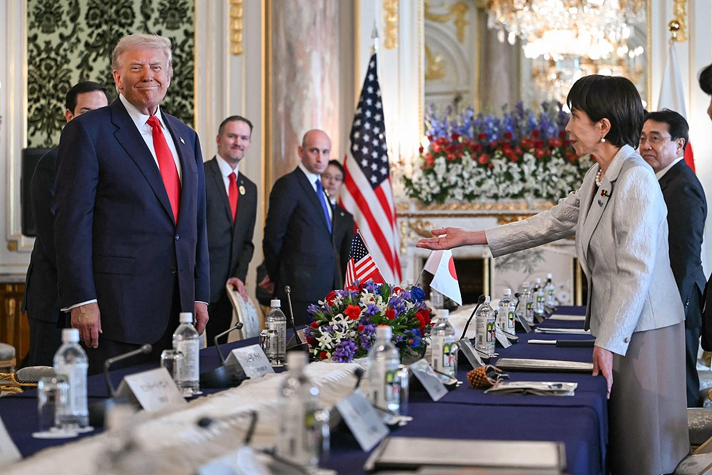 Japan's Prime Minister Sanae Takaichi (R) and U.S. President Donald Trump attend a Japan-U.S. Summit at the Akasaka State Guest House in Tokyo on October 28, 2025. /VCG
