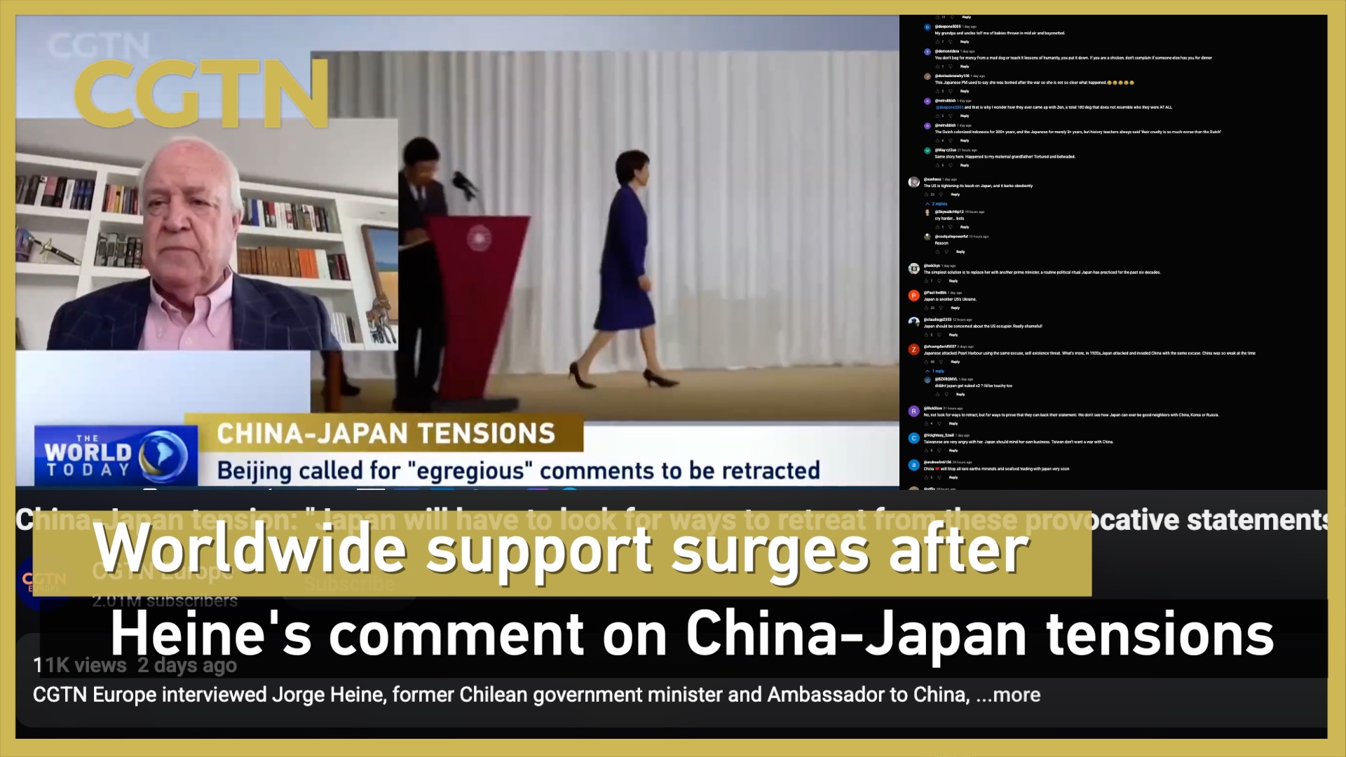 Worldwide support surges after Heine's comment on China-Japan tensions