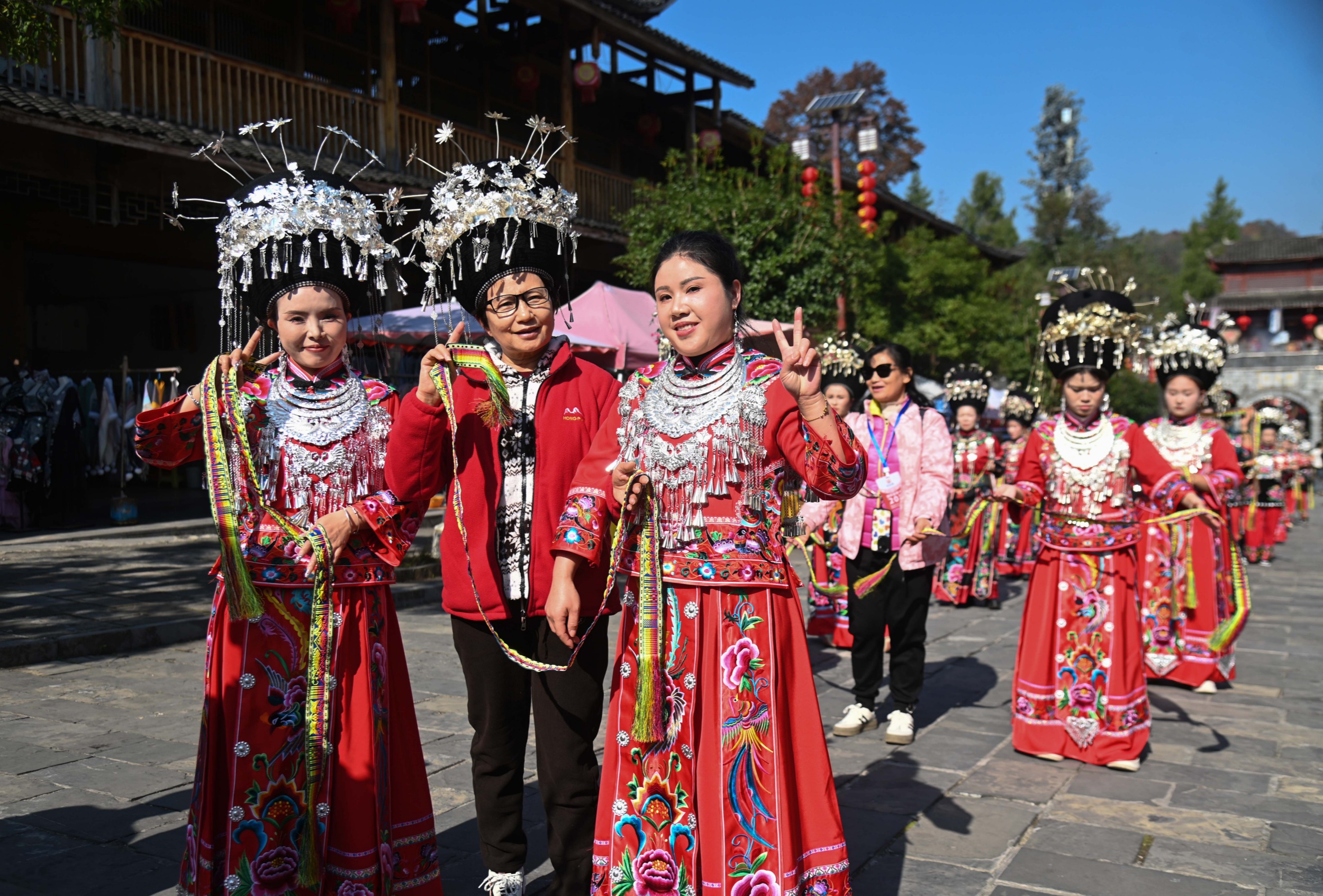 People celebrate Miao New Year at Miaowangcheng (Ancient Miao Castle) Scenic Area in Songtao Miao Autonomous County, Tongren City, southwest China's Guizhou Province on November 15, 2025. /Tongren Media Convergence Center