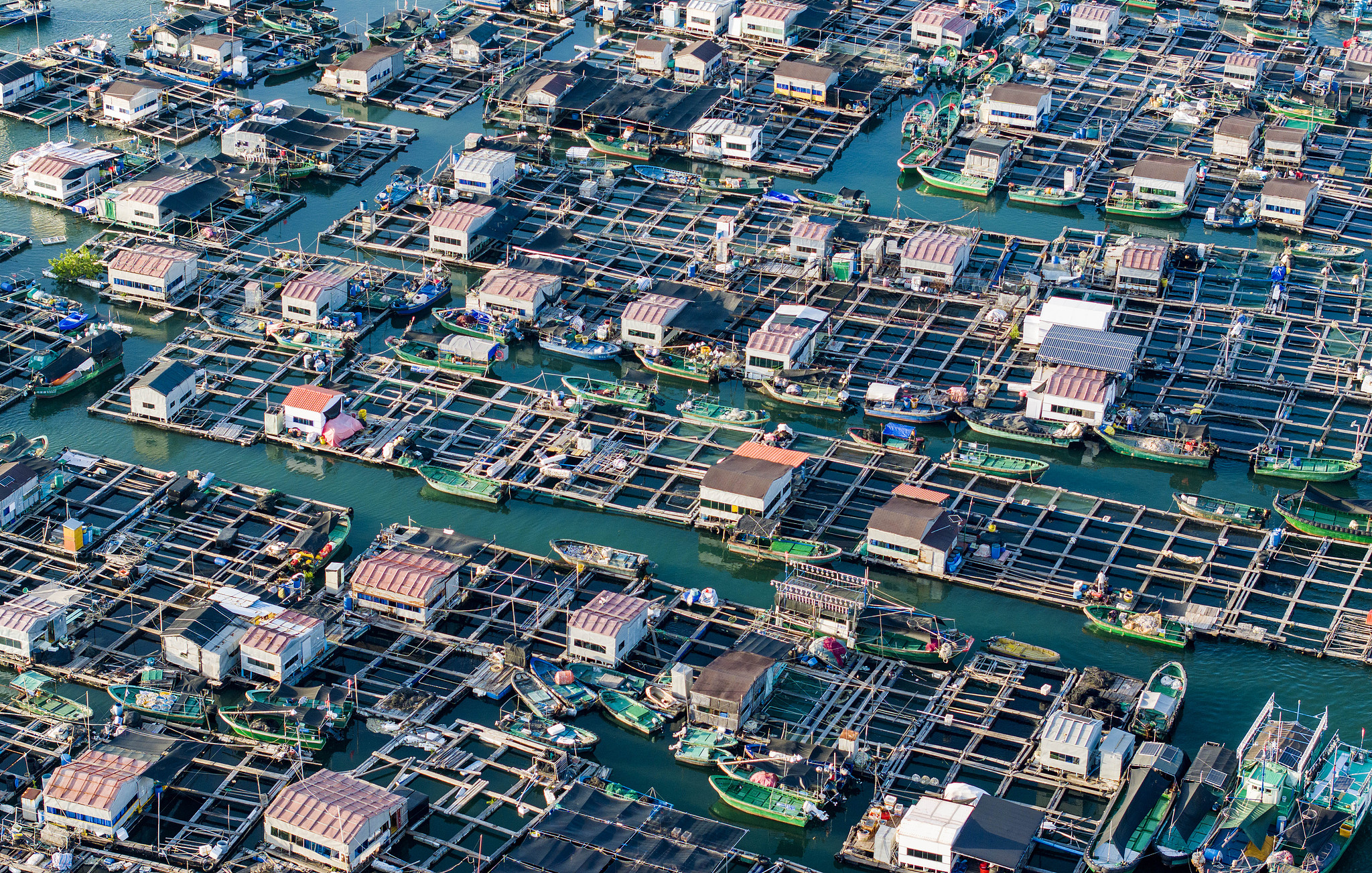A floating village off the coast where the Tanka people live and work on fish breeding rafts, Lingshui Li Autonomous County, Hainan Province, November 18, 2023. /CFP