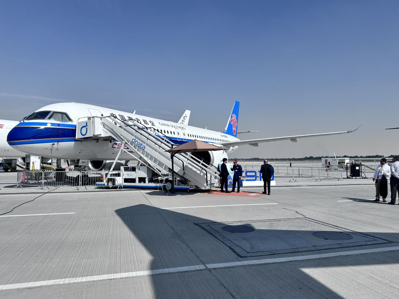 China Southern Airlines' C919 on display at the Dubai Airshow 2025. /CMG