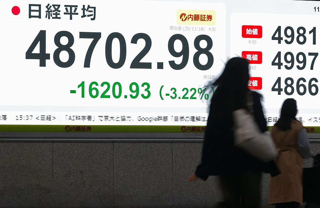 A financial data board in Tokyo shows the 225-issue Nikkei Stock Average closing below the 49,000 line for the first time in about four weeks on November 18, 2025. /VCG