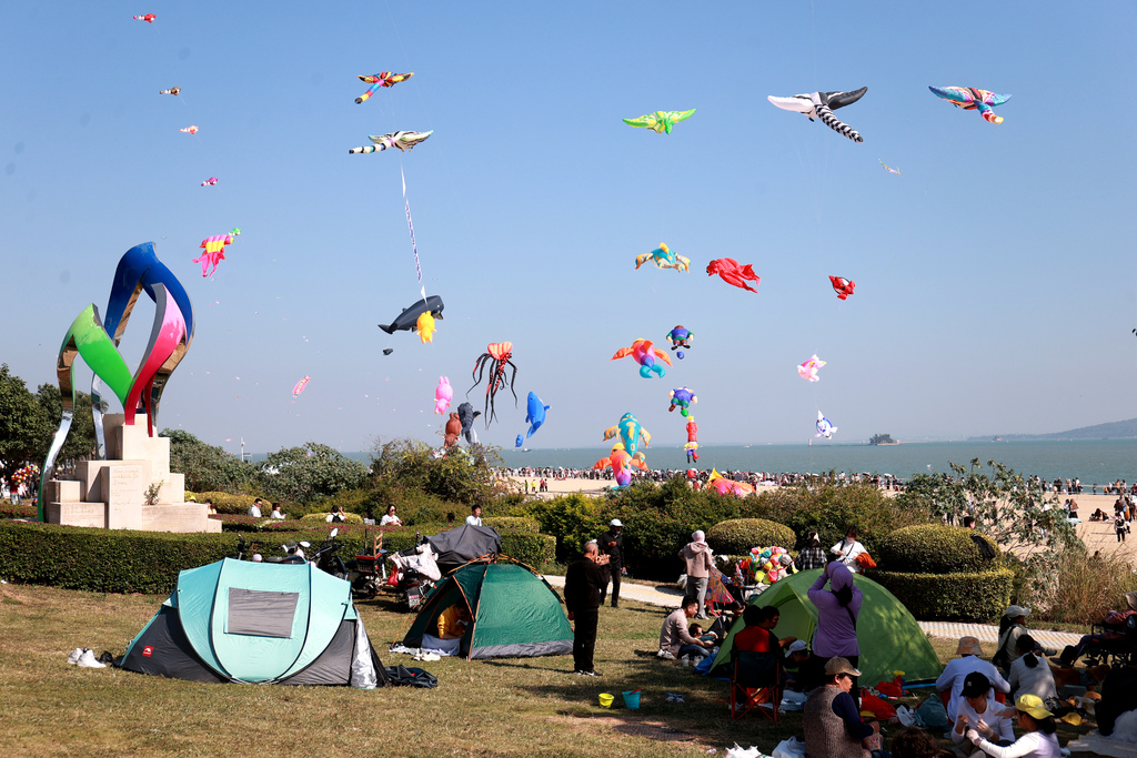 Citizens and tourists flew kites and enjoyed kite performances on the beach of Yefengzhai during the 2025 Cross-Straits (Xiamen) Kite Exchange Event in Xiamen, Fujian Province on November 23, 2025. /VCG 