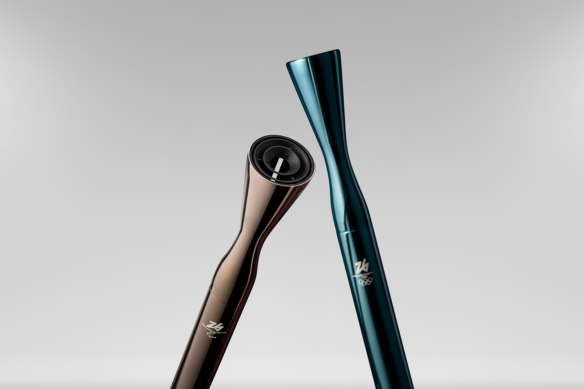 Torch designs for the 2026 Milano Cortina Winter Olympics and Paralympics. /VCG