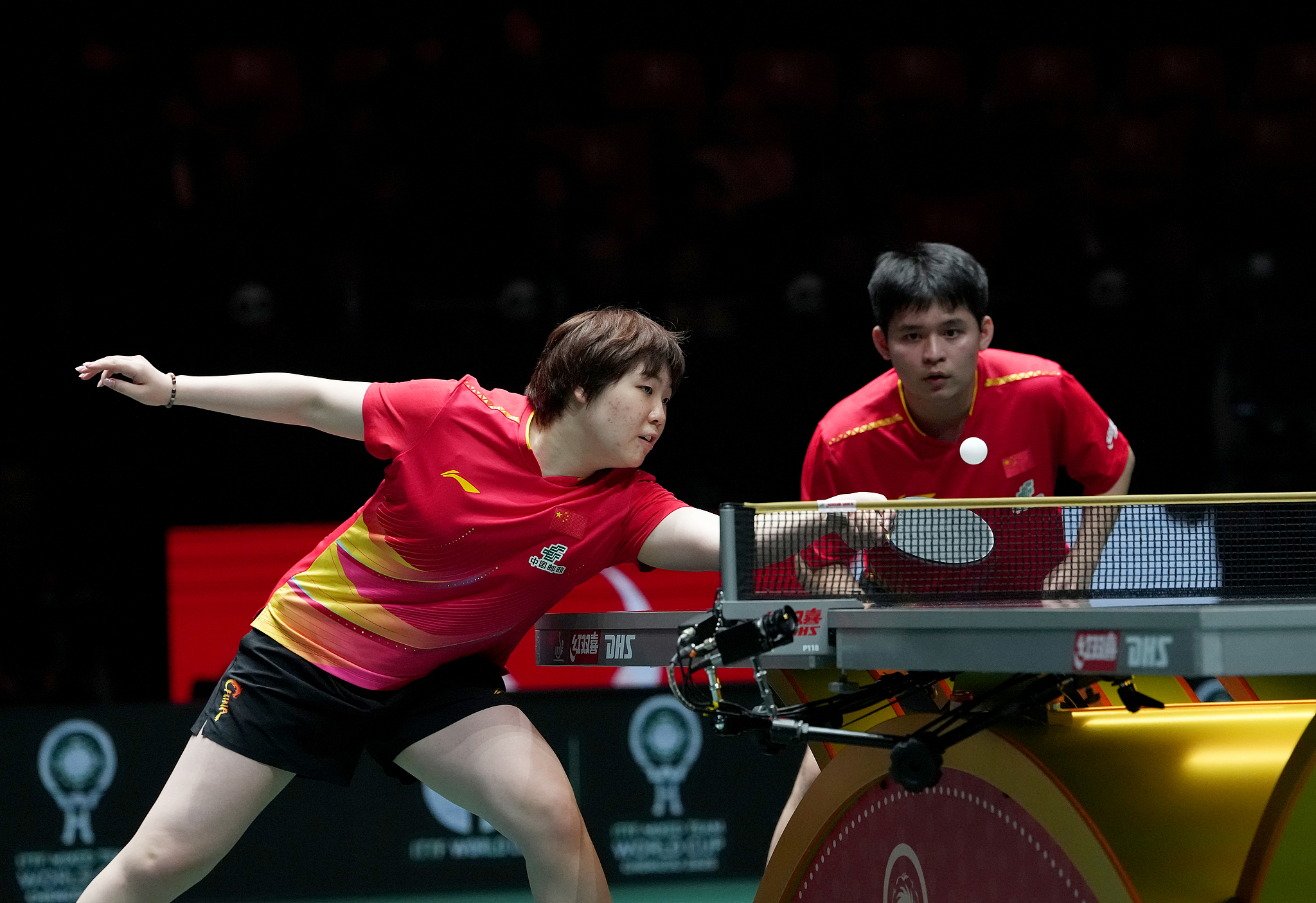 China's Kuai Man (L) and Lin Shidong compete against Egypt in the mixed doubles match of a stage one group contest at the ITTF Mixed Team World Cup 2025 in Chengdu, China, December 1, 2025. /VCG