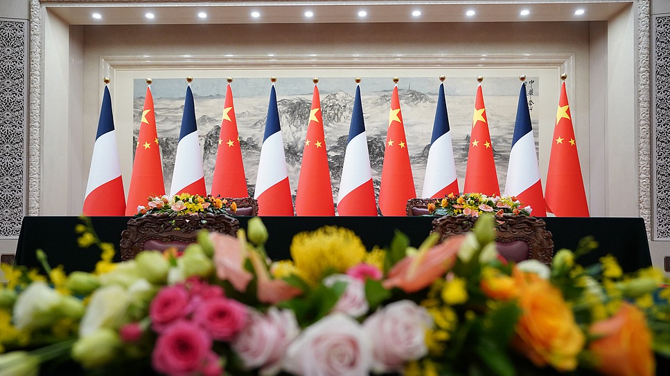 National flags of China and France in the Great Hall of the People, Beijing, China, December 4, 2025. /VCG