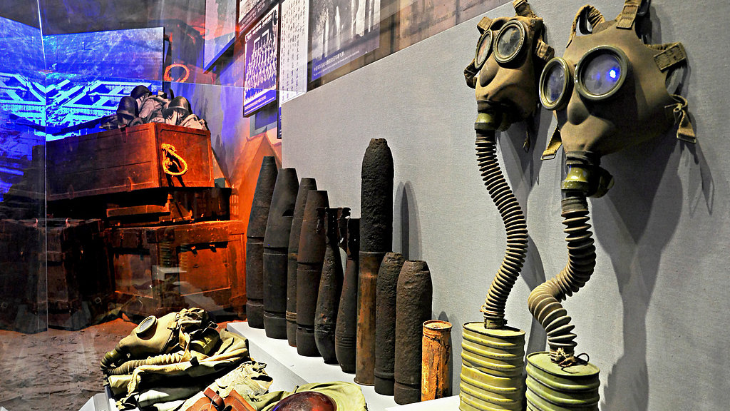 Evidence of the Japanese army's use of chemical weapons on display at the Museum of the War of the Chinese People's Resistance Against Japanese Aggression, Beijing, China, September 5, 2015. /VCG