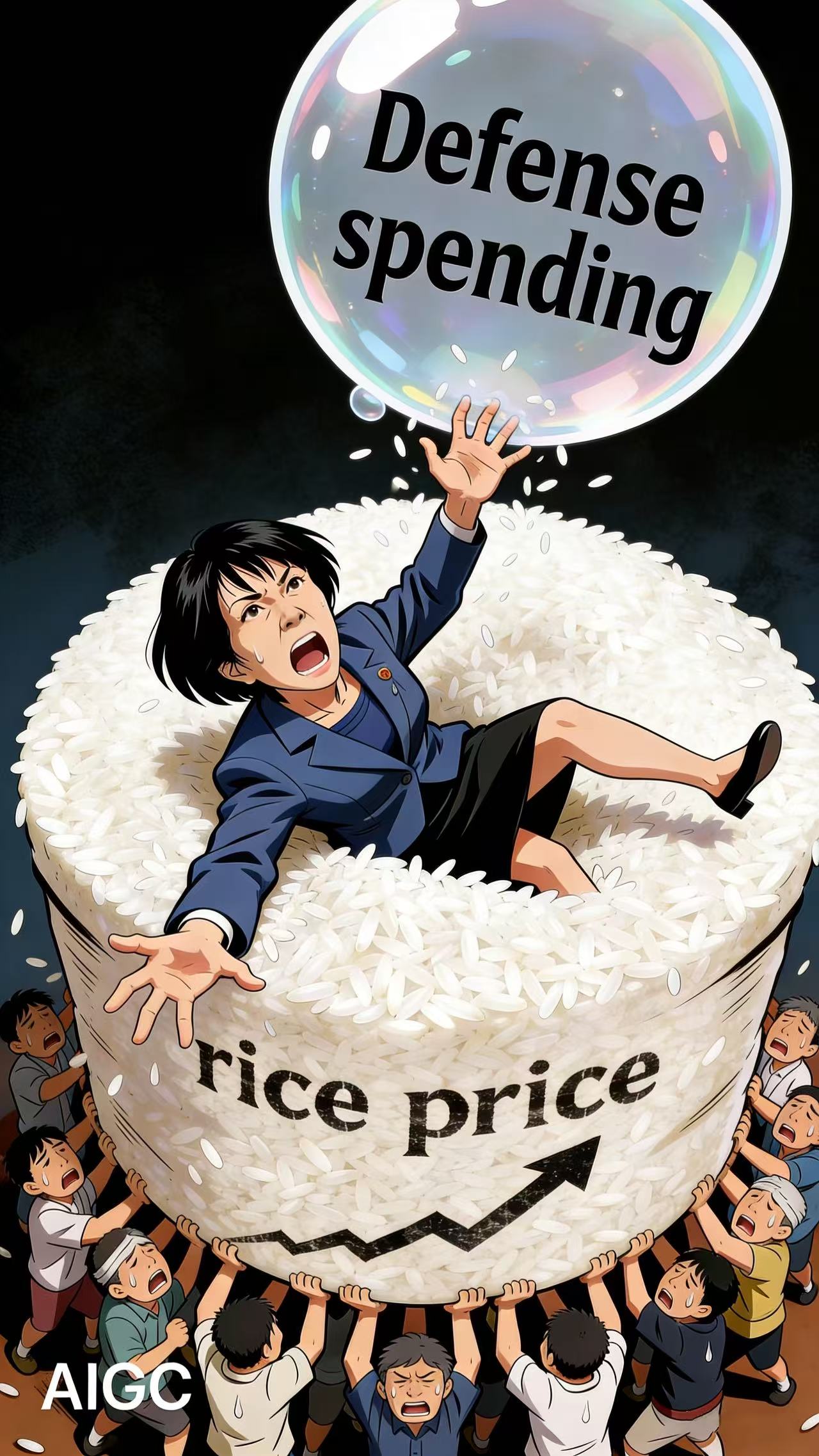 Skyrocketing rice prices weigh on Japanese public as Prime Minister Sanae Takaichi prioritizes defense spending. /AIGC