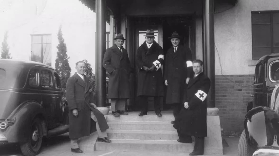 A group photo of foreigners at the headquarters of the International Committee for the Nanjing Safety Zone. From left to right: Ziar, Rupert R. Hatz, John Rabe, John Magee and Nikolai Podshivaloff. /The Memorial Hall of the Victims of the Nanjing Massacre by Japanese Invaders