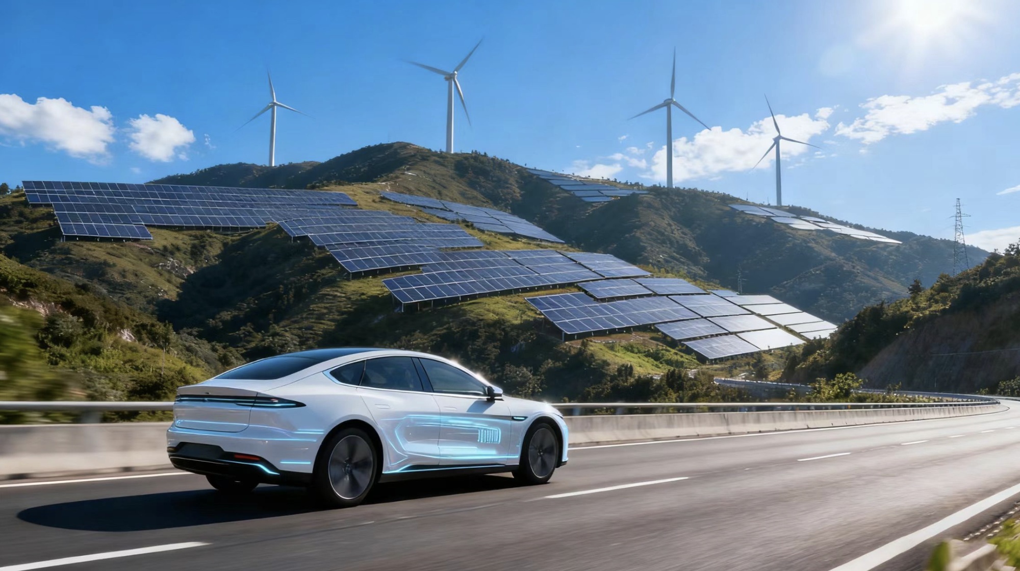 Illustration of a new energy vehicle, with solar panels and wind power equipment installed on a mountain. /CMG