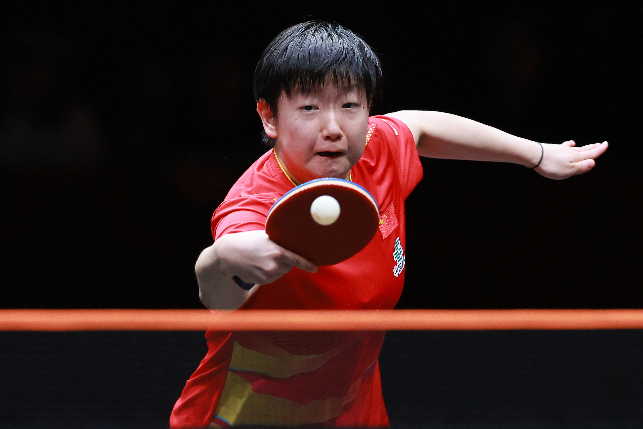 Sun Yingsha of China hits a shot in the women's singles quarterfinals against Miyu Nagasaki of Japan at the World Table Tennis (WTT) Hong Kong Finals in the Hong Kong Special Administrative Region (SAR), December 12, 2025. /VCG