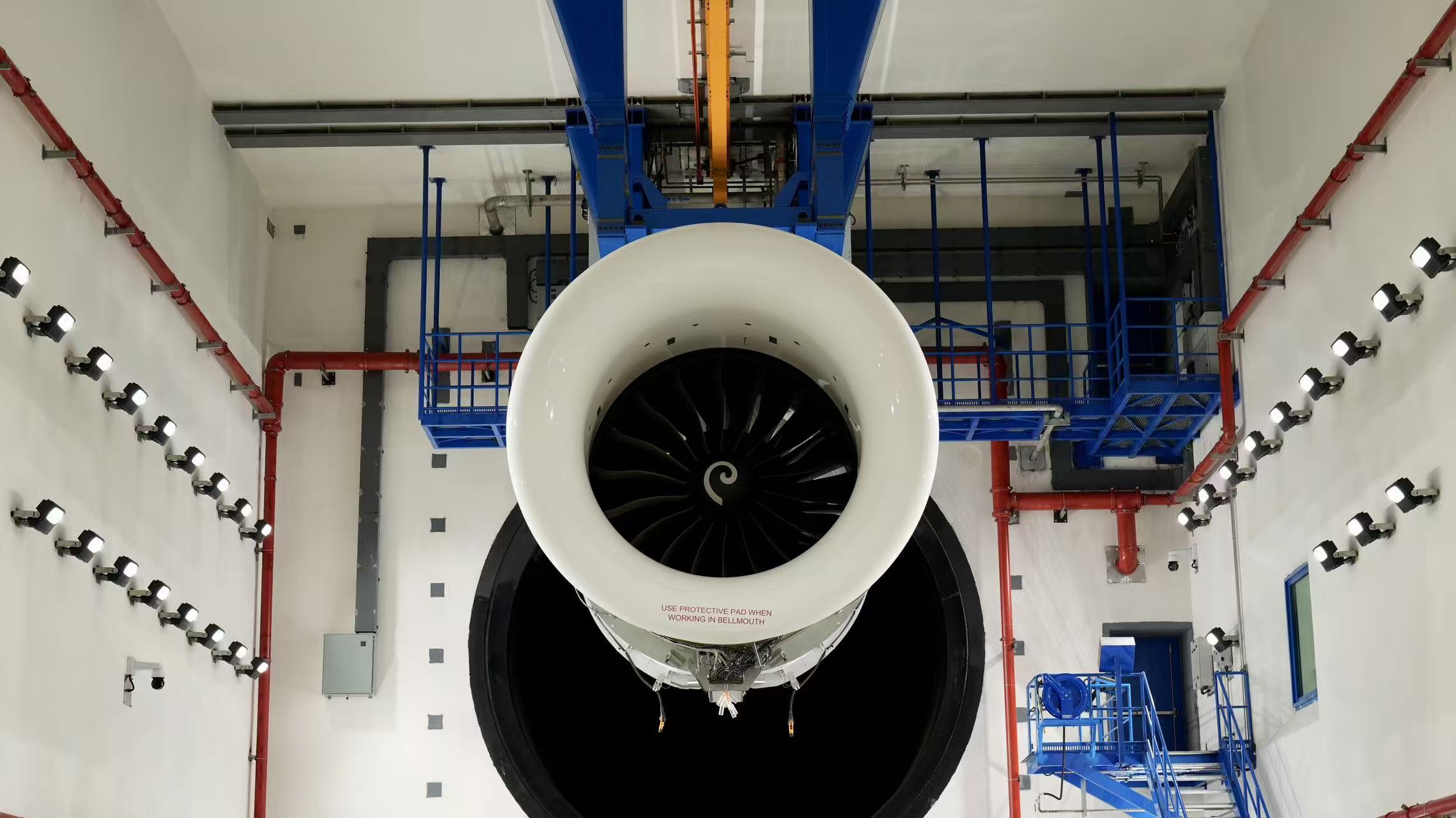 An aircraft engine awaits servicing at Hainan Free Trade Port One-Stop Aircraft Maintenance Industrial Base in Hainan, China, September 23, 2025. /CGTN