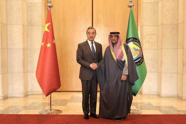 Member of the Political Bureau of the Communist Party of China Central Committee and Chinese Foreign Minister Wang Yi shakes hands with Secretary General of the Gulf Cooperation Council Jasem Mohamed Albudaiwi, in Riyadh, Saudi Arabia, December 14, 2025. /Chinese Foreign Ministry