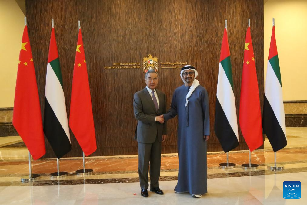 Chinese Foreign Minister Wang Yi holds talks with Deputy Prime Minister and Minister of Foreign Affairs of the United Arab Emirates, Sheikh Abdullah bin Zayed Al Nahyan, in Abu Dhabi, the UAE, on December 12, 2025. /Xinhua
