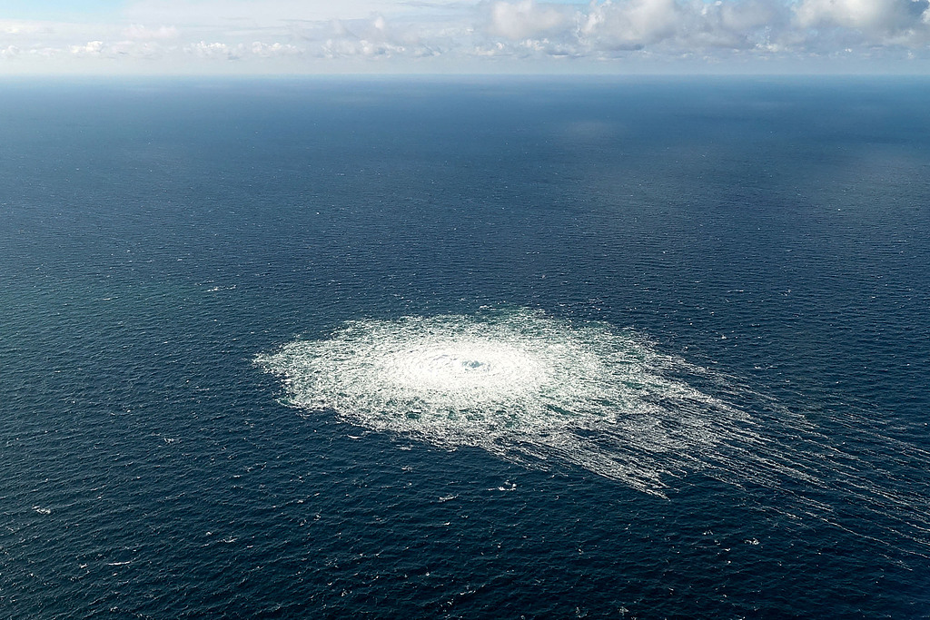 Gas leak at the Nord Stream 2 gas pipeline as it is seen from a Danish Defence aircraft, off the Danish Baltic island of Bornholm, September 27, 2022. /VCG