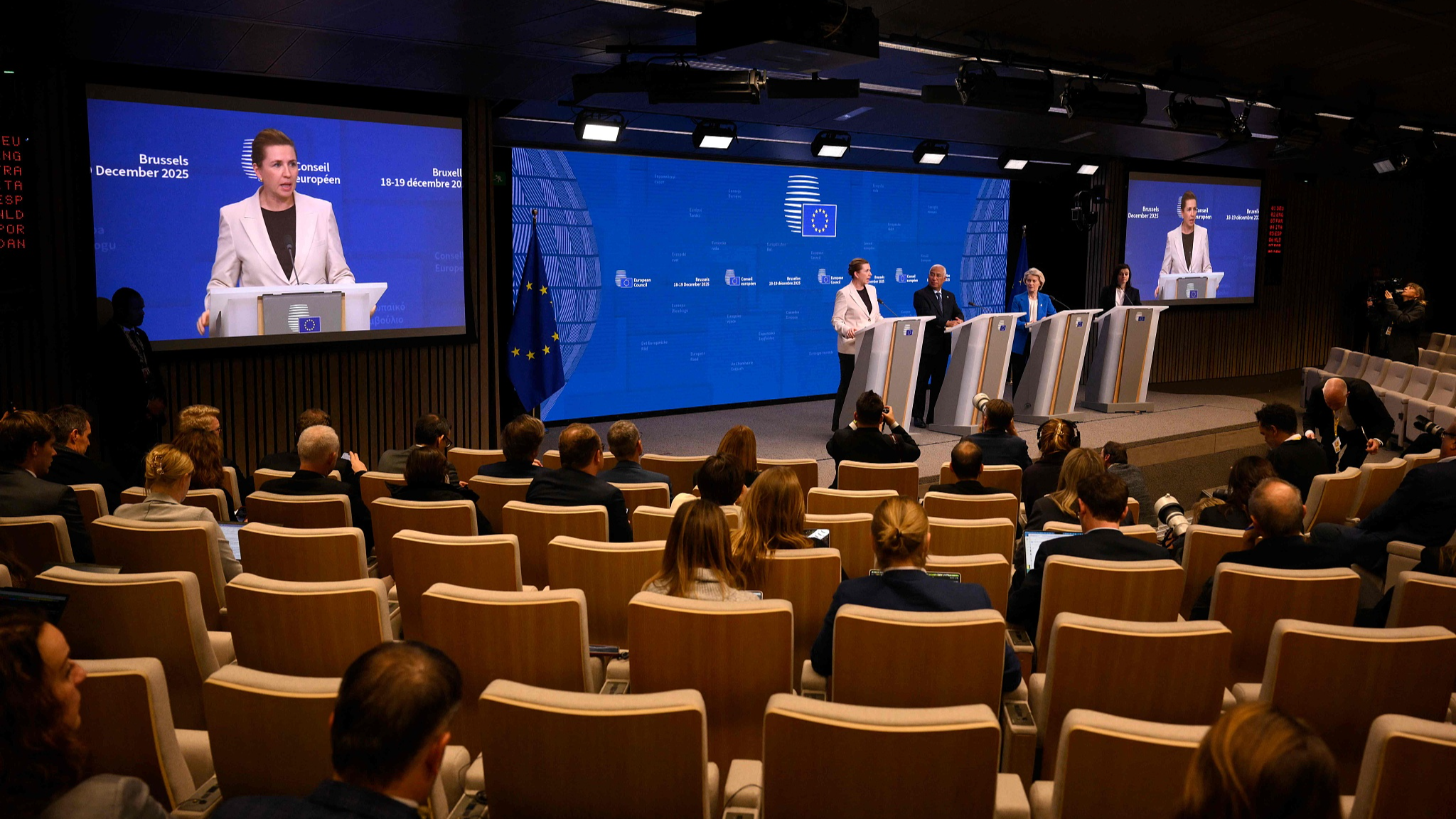 (Left to right) Denmark's Prime Minister Mette Frederiksen, European Council President Antonio Costa, and European Commission President Ursula von der Leyen attend a press conference after the European Council meeting in Brussels, Belgium, December 19, 2025. /VCG