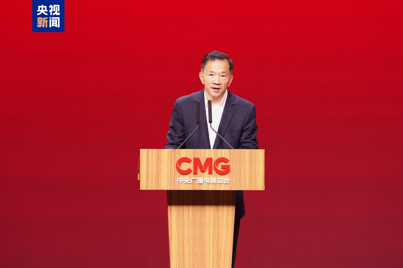 Shen Haixiong, vice minister of the Publicity Department of the CPC Central Committee and president of CMG, addresses at the signing ceremony in Beijing, China, December 22, 2025. /CMG